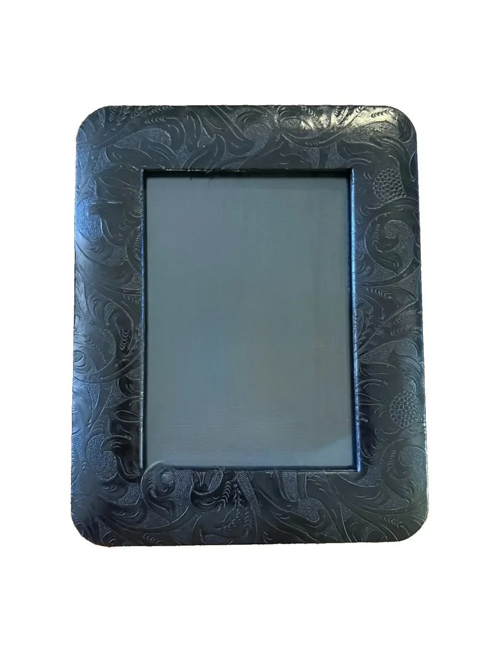 Vintage Genuine Calf Leather 5x7 Photo Frame Italy Ornate Embossed Easel Back